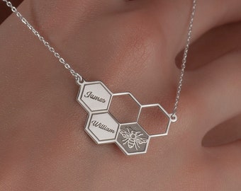 Honeycomb Necklace, Custom Honeycomb Jewelry in Sterling Silver, Bee Charm with Names, Honeycomb Bee Pendant, Hexagon Beekeeper Pendant