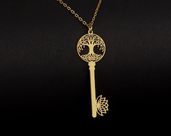 Pendentif personnalisé de nom de clé, collier de clé d'argent sterling, bijoux de clé d'arbre de vie, cadeau pour l'amant, arbre de vie personnalisé, charme de clé de lotus