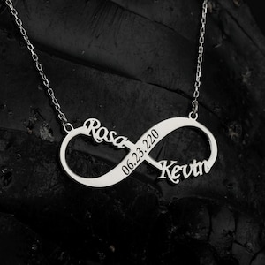 Collier prénom infini, collier infini personnalisé en argent sterling, cadeau pour couple, collier deux prénoms, infinity avec nom et date
