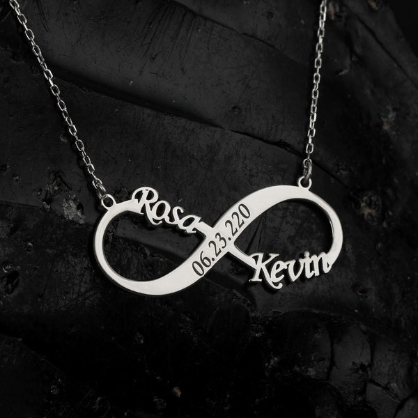 Collar con Nombre Infinito, Collar Infinito Personalizado en Plata de Ley, Regalo para Parejas, Collar con Dos Nombres, Infinito con Nombre y Fecha