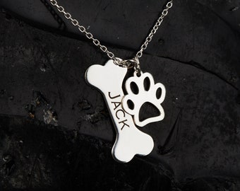 Personalized Dog Name Necklace, Silver Paw Bone Necklace, Custom Pet Lover Gift, Paw Pendant, Dog Mother Necklace, Dog Memorial Jewelry