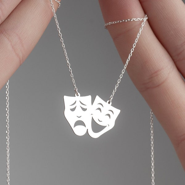 Collier chaussette et buskin, pendentif de masques de tragédie de comédie, bijoux de masques de théâtre en argent sterling, charme de visage triste et heureux, cadeau unique