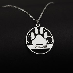 Custom Paw Necklace, Paw Pendant with Name in Sterling Silver, Pet Name Jewelry, Pet Memorial Necklace, Gift for Pet Lover, Pet Mother's image 1