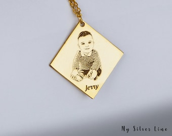 Custom Photo Necklace in Sterling Silver, Memorial Photo Pendant, Photo Engraving Jewelry, Gift for Mom, Remembrance Gift, Memorial Charm