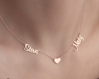 Two Name Necklace with Heart, Sterling Silver Double Name Necklace, Gift for Couple, Duo Name Jewelry, Custom Name Necklace, Gift for Her