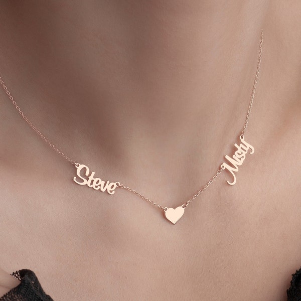 Two Name Necklace with Heart, Sterling Silver Double Name Necklace, Gift for Couple, Duo Name Jewelry, Custom Name Necklace, Gift for Her