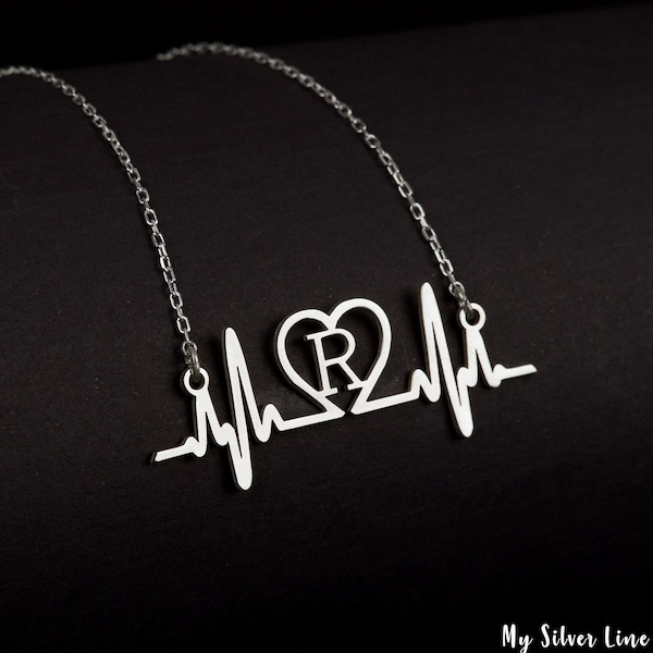 Heart Beat Necklace, Silver Heart Rhythm Jewelry, EKG Necklace, Heart Rate Pendant, Nursing Gift, Wave Pulse, Love Couple. Medical Gift