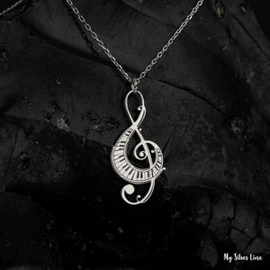 Treble Clef Necklace in Sterling Silver, Music Note Pendant, Music Teacher Gift, Treble Clef Necklace with Piano Keys, Musician Jewelry Gift image 3