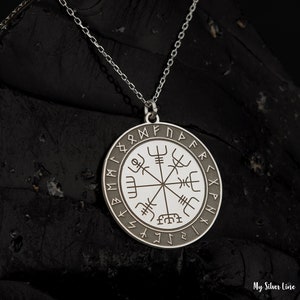 Sterling Silver Viking Compass Necklace: Norse Vegvisir Runes Pendant