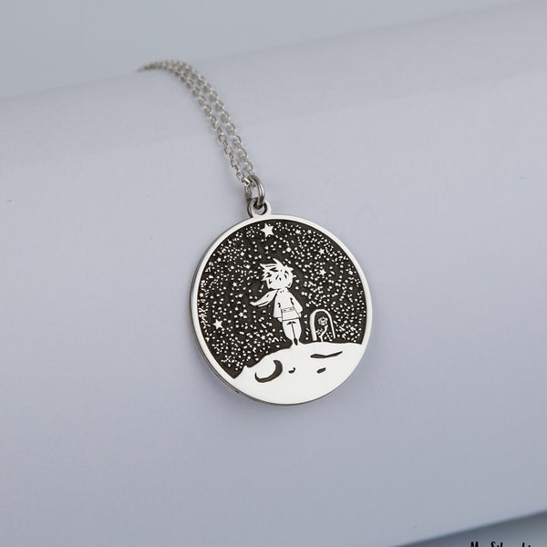 Prince with Rose Necklace, Sterling Silver Prince on The Moon, Art Necklace, Prince Jewelry, Book lover gift, Fantasy Character Pendant