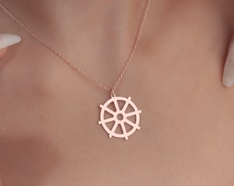 Collier Dharma Wheel, pendentif Dharma Chakra en argent sterling, breloque symbole bouddhiste, bijoux spirituels, roue de la loi, enseignement de Bouddha