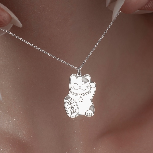 Feng Shui Katze Halskette, Maneki Neko Anhänger in Sterling Silber, Glück Katzen Charme, Feng Shui Glück Fortune Katze Schmuck, Geschenk für Frauen
