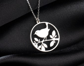 Sterling Silver Bird on Branch Necklace: Dainty Sparrow Pendant