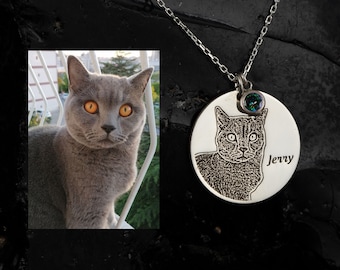 Sterling Silver Pet Photo Necklace: Engraved Dog Cat Memorial Jewelry