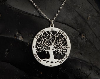 Tree of Family Necklace, Family Necklace in Sterling Silver, Mothers Day Gift, Kids Name Jewelry, Family Members Pendant, Personalized Gift