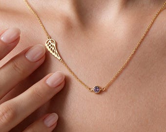 Birthstone Angel Wing Necklace, Gold Wing Necklace, Family Necklace for Mom, Miscarriage Jewelry, Sterling Silver Protection Jewelry
