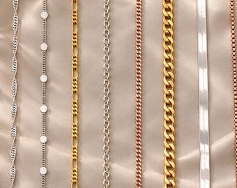 Sterling Silver Chain Bracelet, 14K Gold Chain Anklet, Singapore Chain, Herringbone Chain, Figaro Curb Cable Chain, Box Paperclip Chain