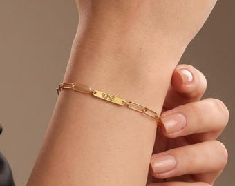 Sterling Silver Mini Bar Name Bracelet, Custom Paperclip Chain Bar Bracelet, Engraved Name Bracelet, Personalized Jewelry, Christmas Gift