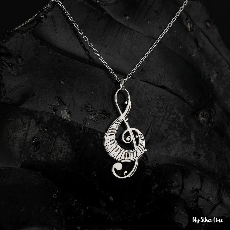 Treble Clef Necklace in Sterling Silver, Music Note Pendant, Music Teacher Gift, Treble Clef Necklace with Piano Keys, Musician Jewelry Gift image 3