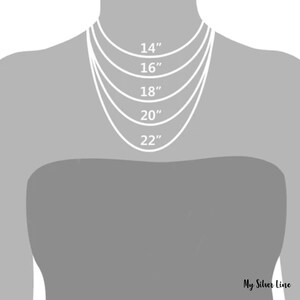 May include: Diagram showing different necklace lengths on a model. The lengths are 14 inches, 16 inches, 18 inches, 20 inches, and 22 inches.