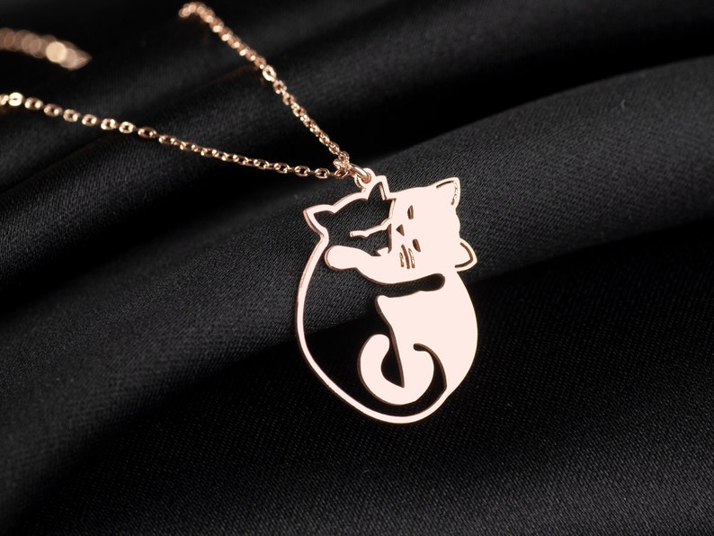 Cuddling Cats Necklace, Hugging Cats Pendant in Sterling Silver, Lovely Cat Jewelry, Black Cat White Cat, Kitty Necklace, Cat Lover Pendant image 9