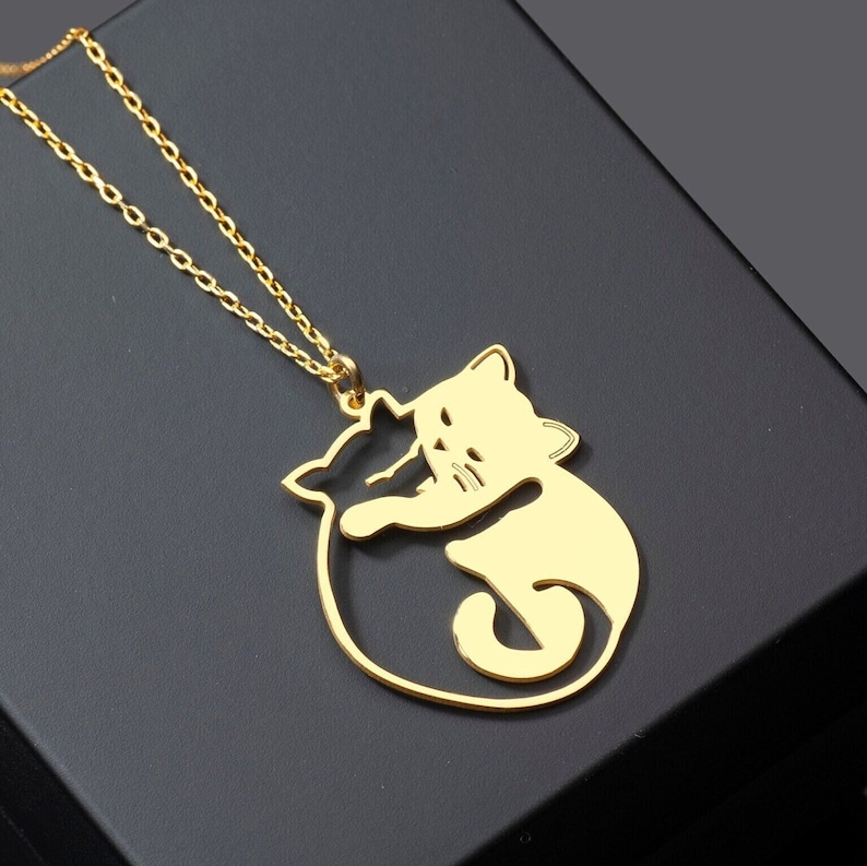 Cuddling Cats Necklace, Hugging Cats Pendant in Sterling Silver, Lovely Cat Jewelry, Black Cat White Cat, Kitty Necklace, Cat Lover Pendant image 1