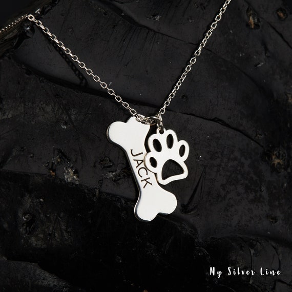 Personalized Sterling Silver Dog Name Necklace: Paw & Bone Pendant