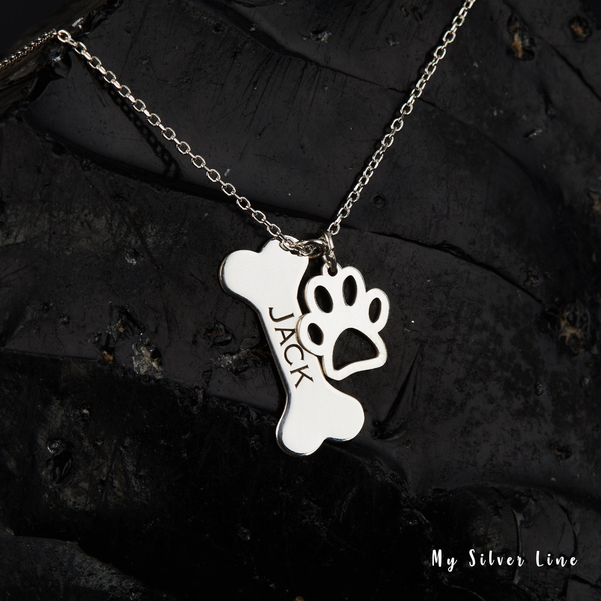 Personalized Dog Name Necklace Silver Paw Bone Necklace Etsy