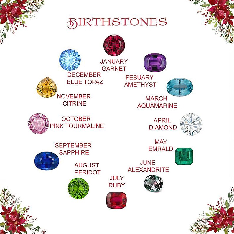 May include: A chart showing the birthstones for each month of the year. The chart is decorated with red poinsettia flowers and green leaves. The birthstones are shown as gemstones in their respective colors.