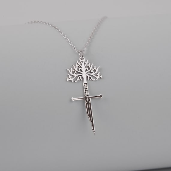 Sterling Silver Narsil Sword Necklace, Tree of Gondor, LOTR Fan Gift