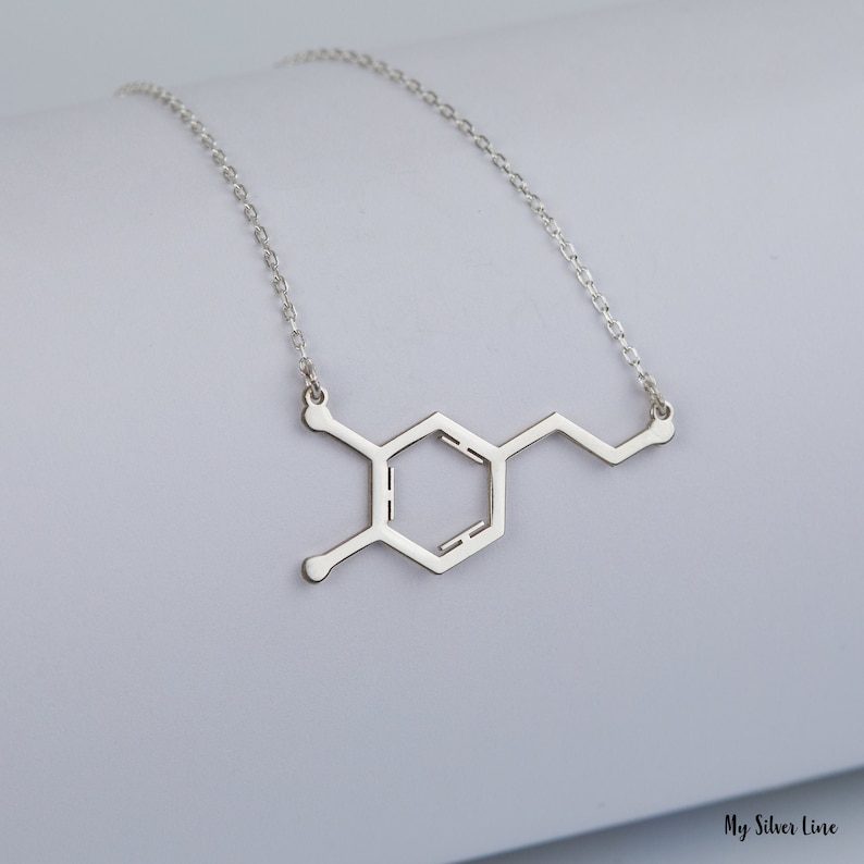 Add a spark of science and style to your look with this elegant Sterling Silver Dopamine Necklace. Featuring a detailed dopamine molecule design, this necklace is perfect for science lovers, students, teachers, or anyone who appreciates the chemistry of motivation and happiness. Crafted in high-quality sterling silver, it makes a meaningful gift for graduation, birthdays, anniversaries, or just because.