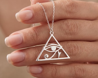 Sterling Silver Eye of Ra Necklace, 14K Gold Triangle Third Eye Necklace, Ancient Egypt Pendant, Egyptian Protection Jewelry, Sacred Jewelry