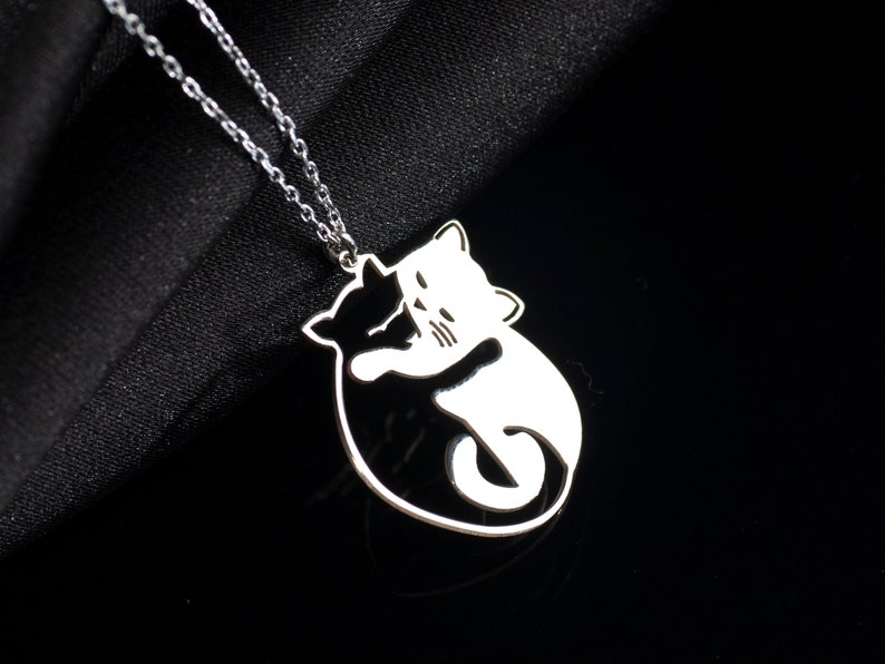 Cuddling Cats Necklace, Hugging Cats Pendant in Sterling Silver, Lovely Cat Jewelry, Black Cat White Cat, Kitty Necklace, Cat Lover Pendant image 10