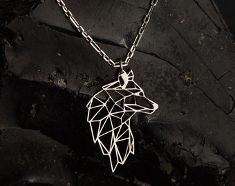Sterling Silver Origami Wolf Necklace: Geometric Animal Pendant