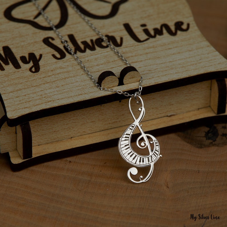 Treble Clef Necklace in Sterling Silver, Music Note Pendant, Music Teacher Gift, Treble Clef Necklace with Piano Keys, Musician Jewelry Gift image 8