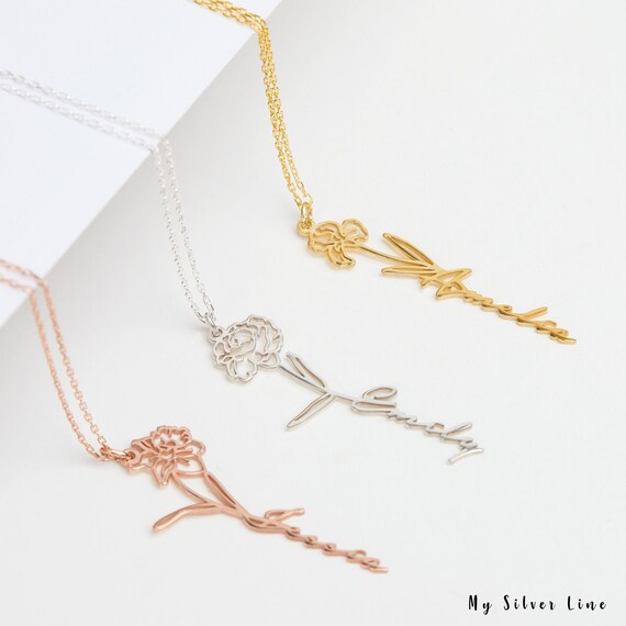 Birth Flower Name Necklace Personalized Flower Necklace Etsy