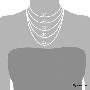 May include: Diagram showing different necklace lengths on a model. The lengths are 14 inches, 16 inches, 18 inches, 20 inches, and 22 inches.