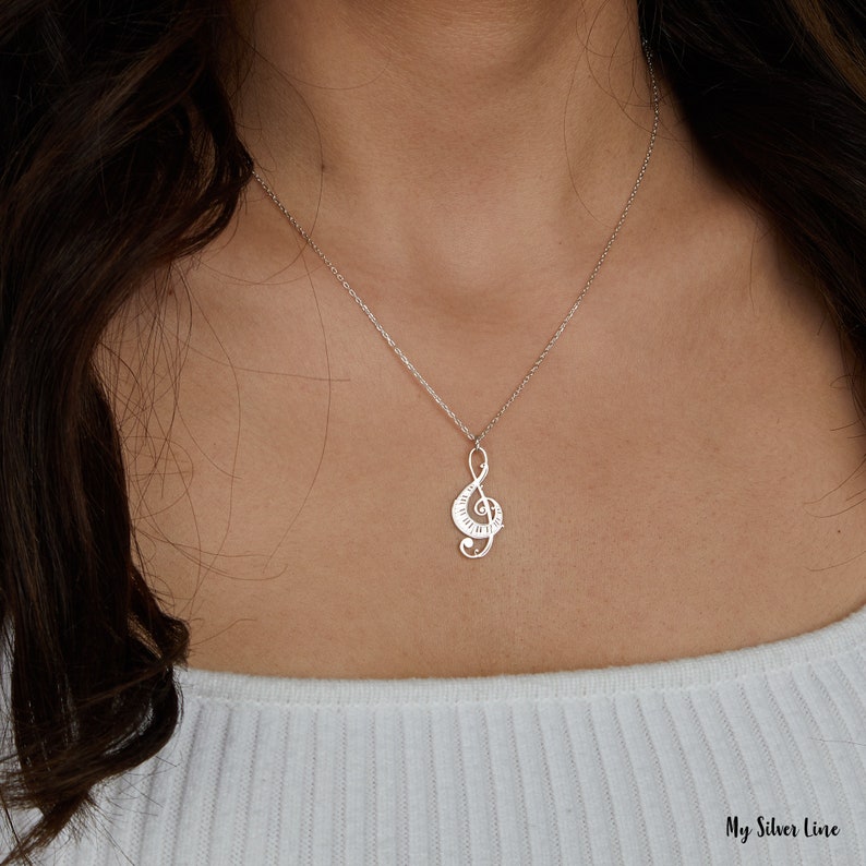Treble Clef Necklace in Sterling Silver, Music Note Pendant, Music Teacher Gift, Treble Clef Necklace with Piano Keys, Musician Jewelry Gift image 5