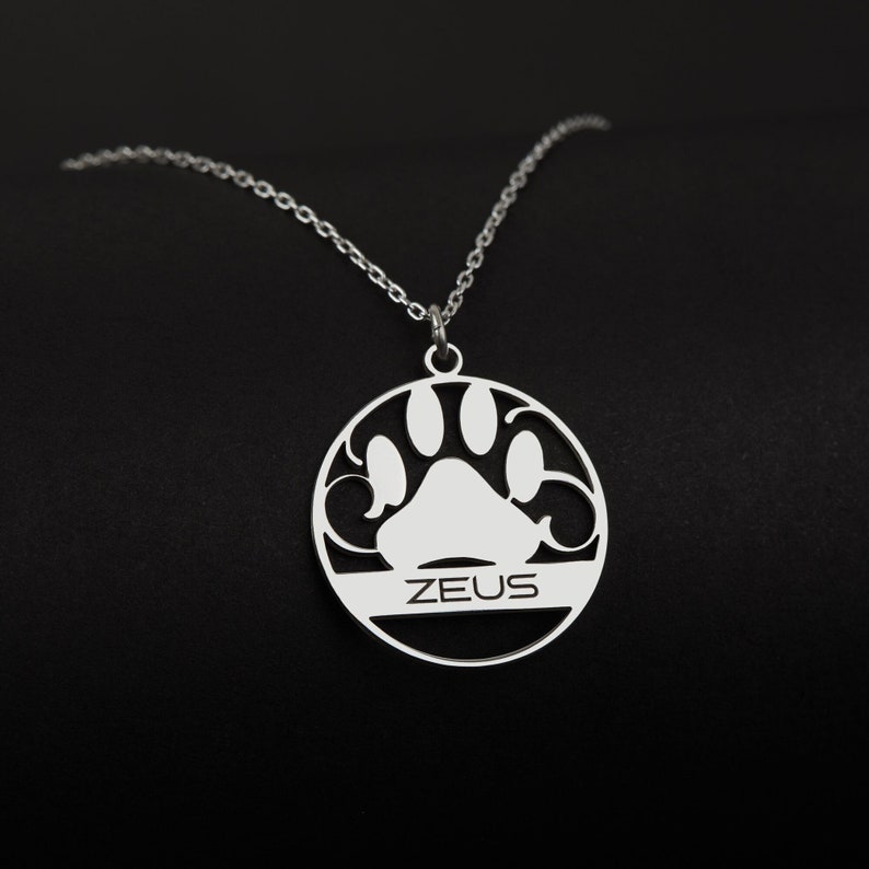 Custom Paw Necklace, Paw Pendant with Name in Sterling Silver, Pet Name Jewelry, Pet Memorial Necklace, Gift for Pet Lover, Pet Mother's image 1