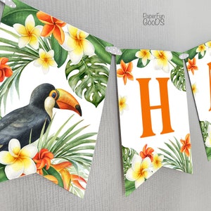 HAPPY BIRTHDAY Tropical Banner. Printable digital party decoration. Toucan tropics flags. Instant Downloads  jpeg, pdf formats. 002