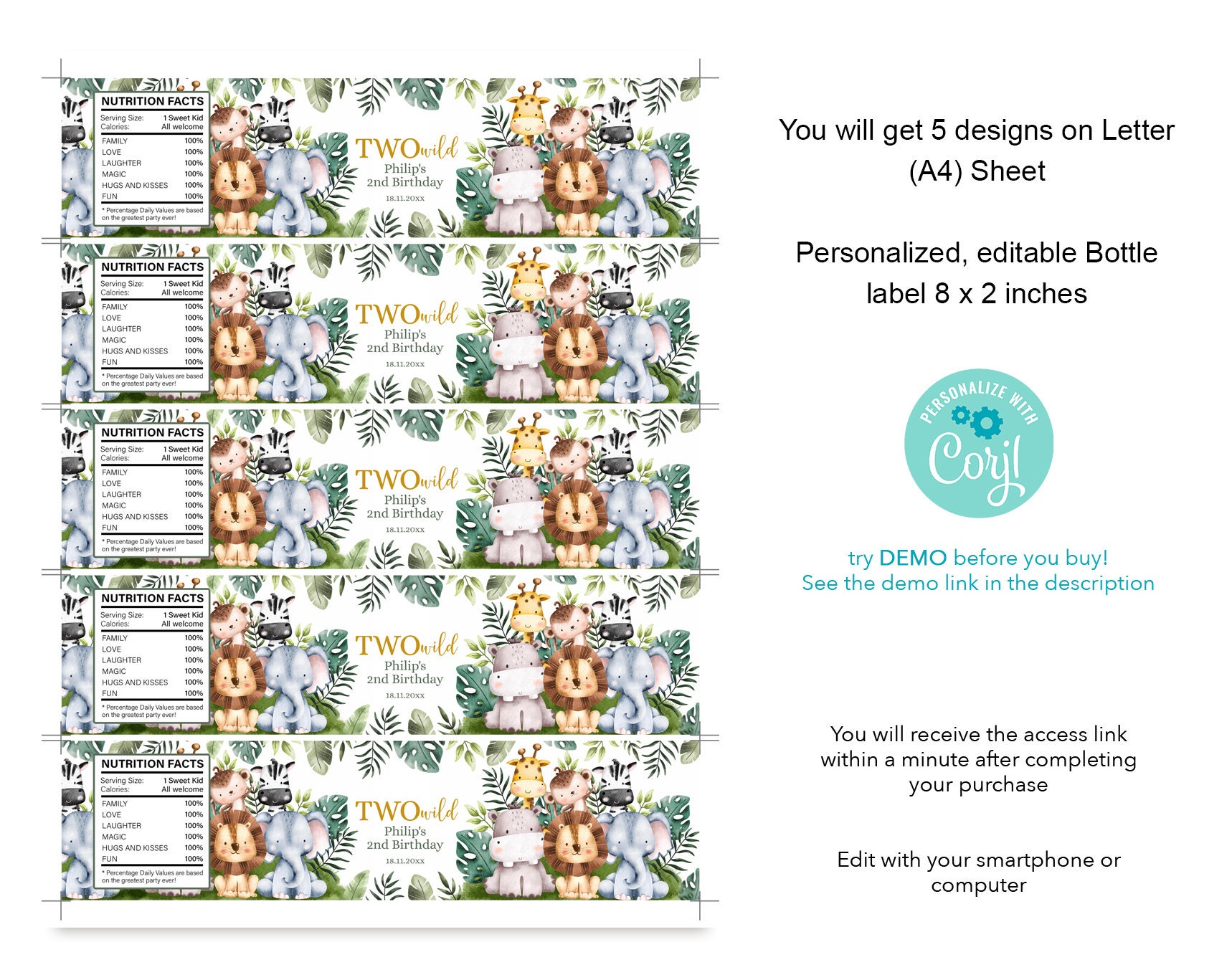 EDITABLE Digital TWO Wild Bottle Label. Personalized 2nd Birthday ...