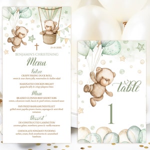 Scheda menu digitale e numero del tavolo MODIFICABILI. Orsetto di peluche verde salvia per battesimo, decorazione in mongolfiera. Ragazzo di battesimo. Croce della Prima Comunione. CHG