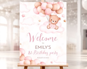 EditableTeddybeer Verjaardag Welkomstbord, Babymeisje. Roze en beige luchtballonnen feestdecor. 3 GB