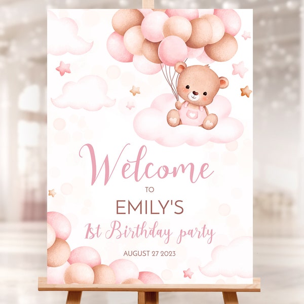 EditableTeddy Bear Birthday Welcome sign, Baby girl. Pink and beige air balloons party decor. 3GB