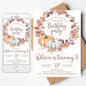 Editable Pumpkin Birthday Invite/Evite Template. Personalized Boy, Girl, gender neutral Autumn, Fall Party Invite, orange, brown color. FGB