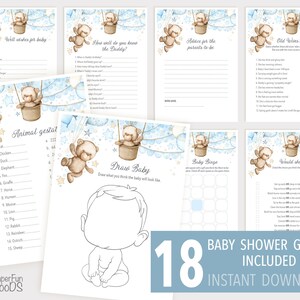 18 digital Baby Shower games. Blue Teddy Bear party. It&#39;s a boy. Printable 5x7&#39;&#39; game package. Instant download.