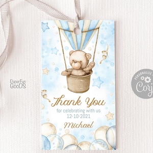 EDITÁVEL Tags de agradecimento. Tag personalizada para festa de meninos. Etiqueta azul de aniversário digital. Decoração de balão de ar quente Teddy Bear. Etiqueta de favor. 007