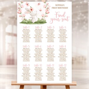 BEWERKBARE verjaardag zitplaatsen grafieksjabloon. Roze bloemen, konijntjesthema. Babymeisje 1e verjaardag. Afdrukbaar bord Corjl-sjabloon 24x36 inch. BBG