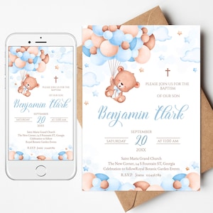 Invitation au baptême modifiable. Invitation électronique Evite Blue Teddy Bear, décor de ballon à air. Baptême Baby Boy, croix de 1ère Communion. BBB