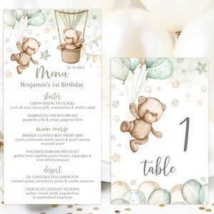 Carte de menu numérique MODIFIABLE et numéro de table. 1er anniversaire garçon, fille neutre Ballons à air beige vert Thème Teddy Bear, Décoration de table de fête SGB